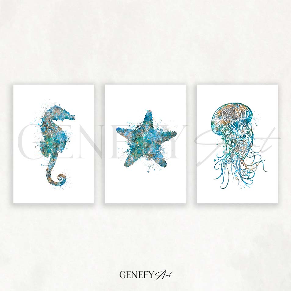Seahorse, Starfish and Jellyfish Watercolour Print Set of 3