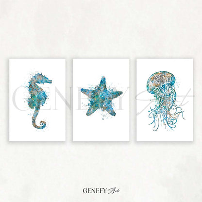 Seahorse, Starfish and Jellyfish Watercolour Print Set of 3