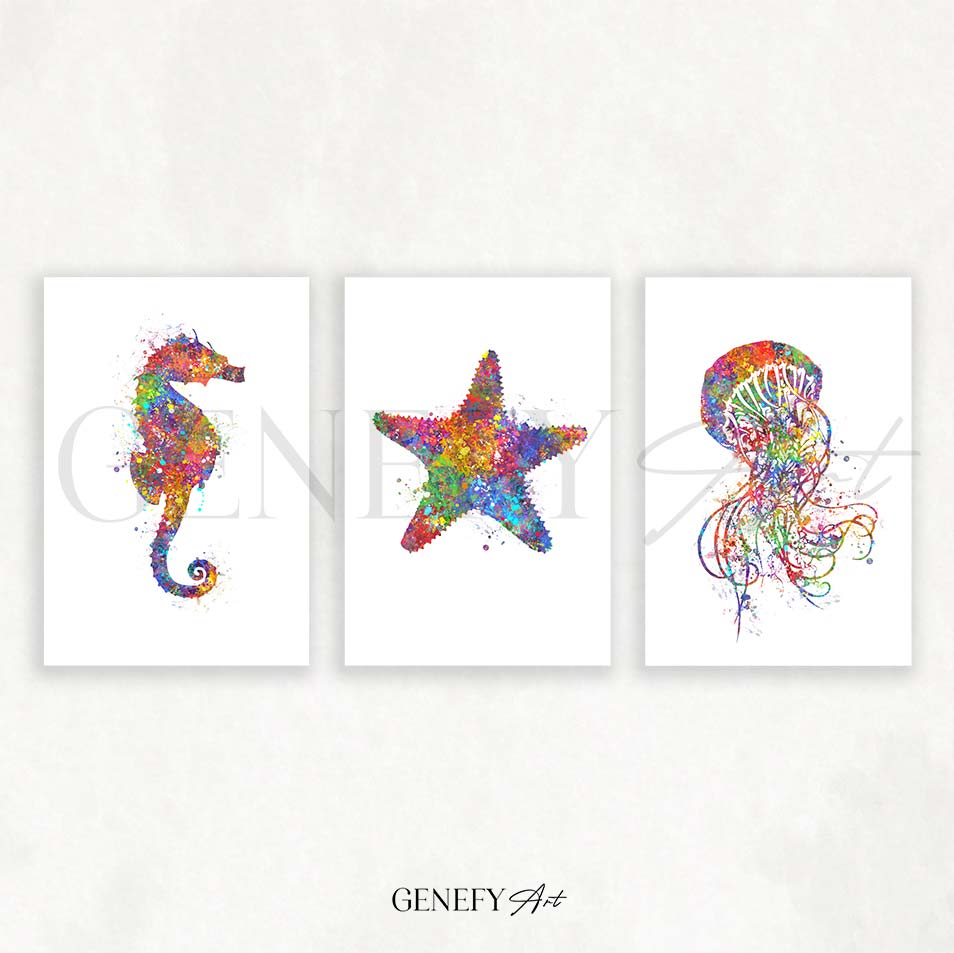 Seahorse, Starfish and Jellyfish Watercolour Print Set of 3