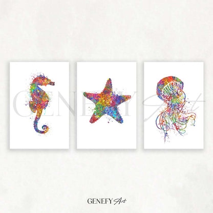 Seahorse, Starfish and Jellyfish Watercolour Print Set of 3