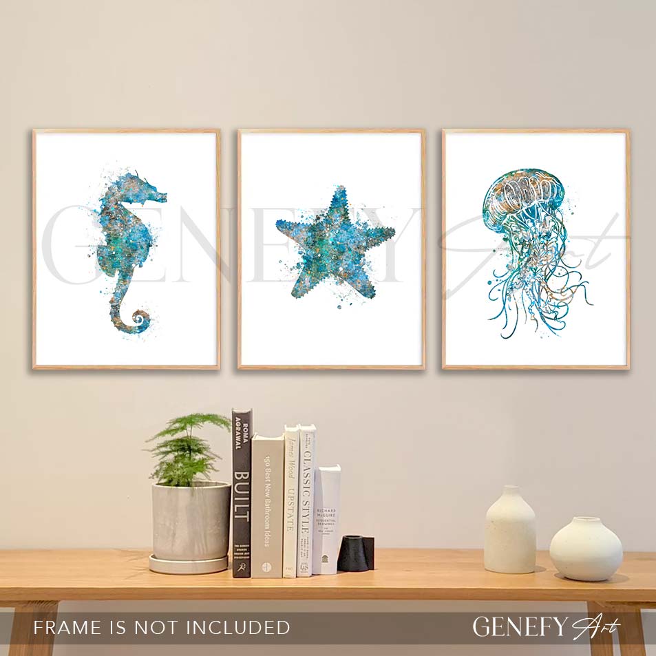 Seahorse, Starfish and Jellyfish Watercolour Print Set of 3
