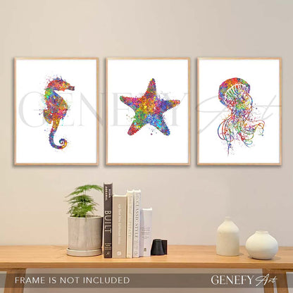Seahorse, Starfish and Jellyfish Watercolour Print Set of 3