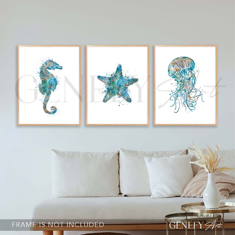 Seahorse, Starfish and Jellyfish Watercolour Print Set of 3