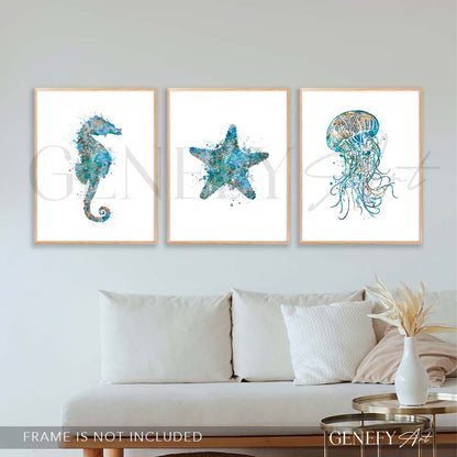 Seahorse, Starfish and Jellyfish Watercolour Print Set of 3