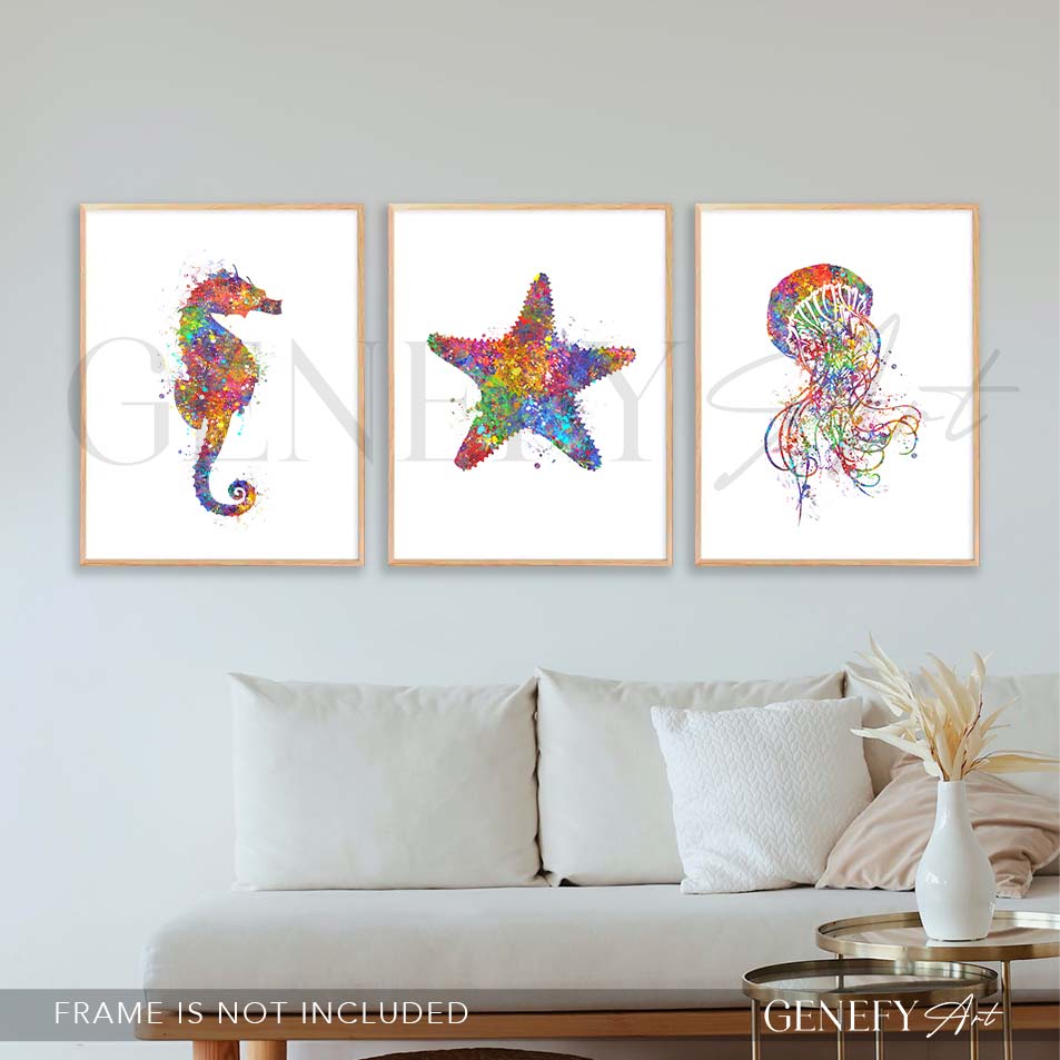 Seahorse, Starfish and Jellyfish Watercolour Print Set of 3