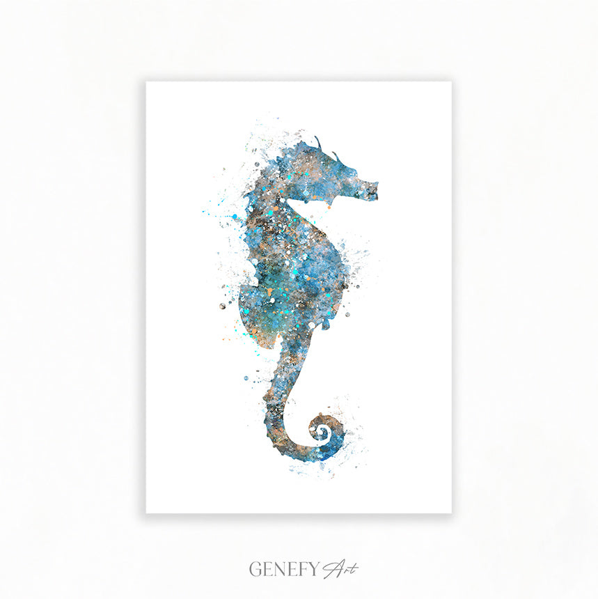 Seahorse Teal Grey Watercolour Print