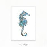 Seahorse Teal Grey Watercolour Print