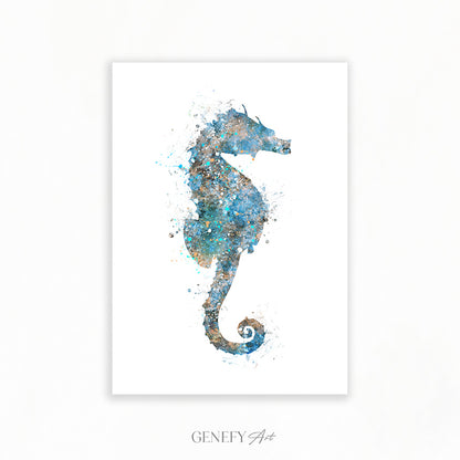 Seahorse Teal Grey Watercolour Print