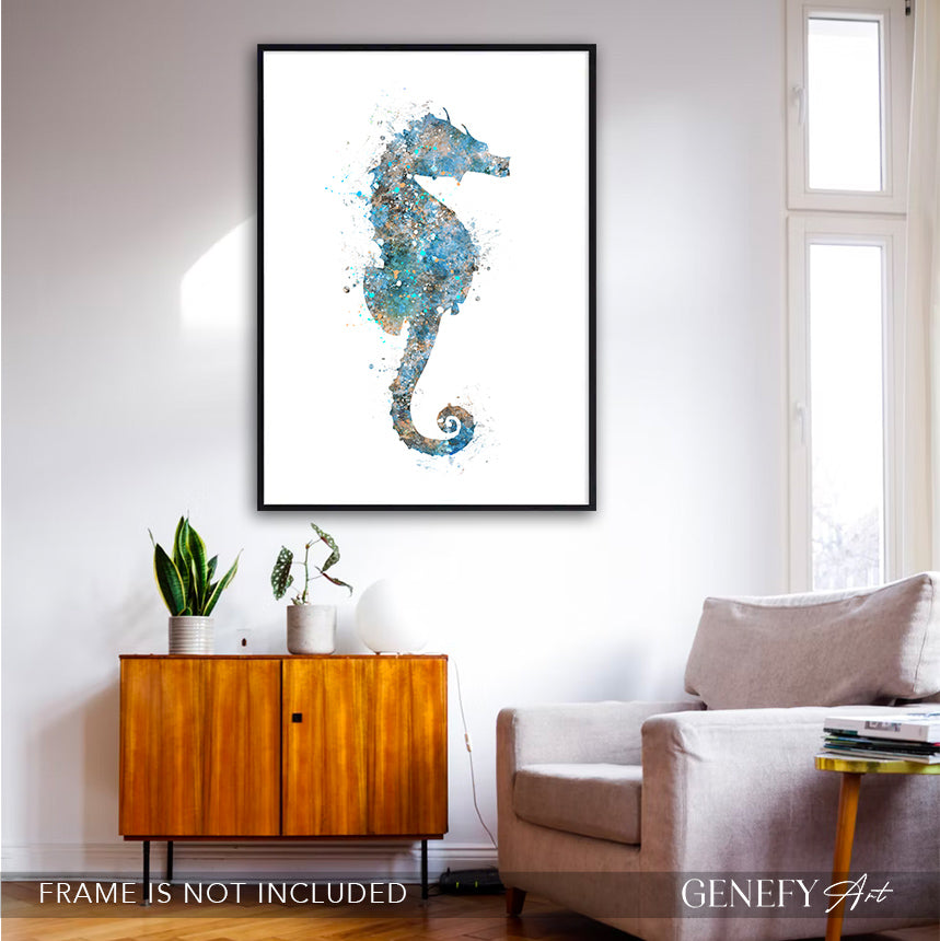 Seahorse Teal Grey Watercolour Print