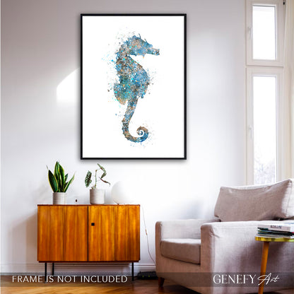Seahorse Teal Grey Watercolour Print