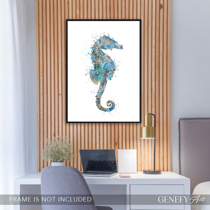 Seahorse Teal Grey Watercolour Print