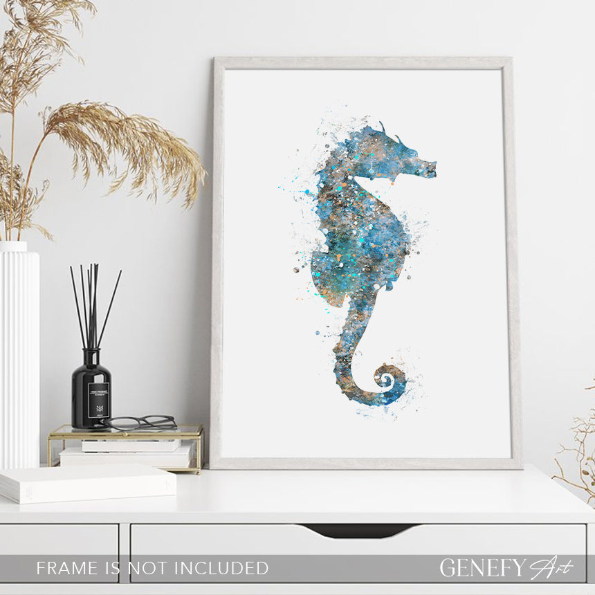 Seahorse Teal Grey Watercolour Print