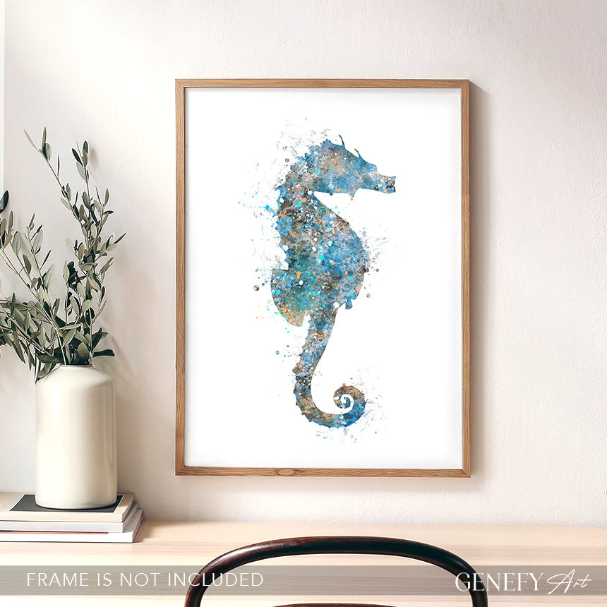 Seahorse Teal Grey Watercolour Print
