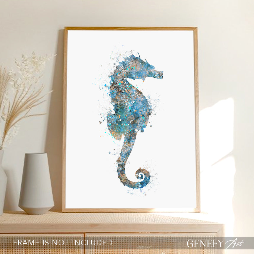 Seahorse Teal Grey Watercolour Print