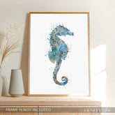Seahorse Teal Grey Watercolour Print