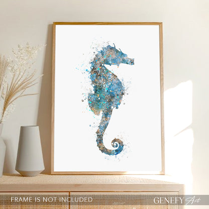 Seahorse Teal Grey Watercolour Print