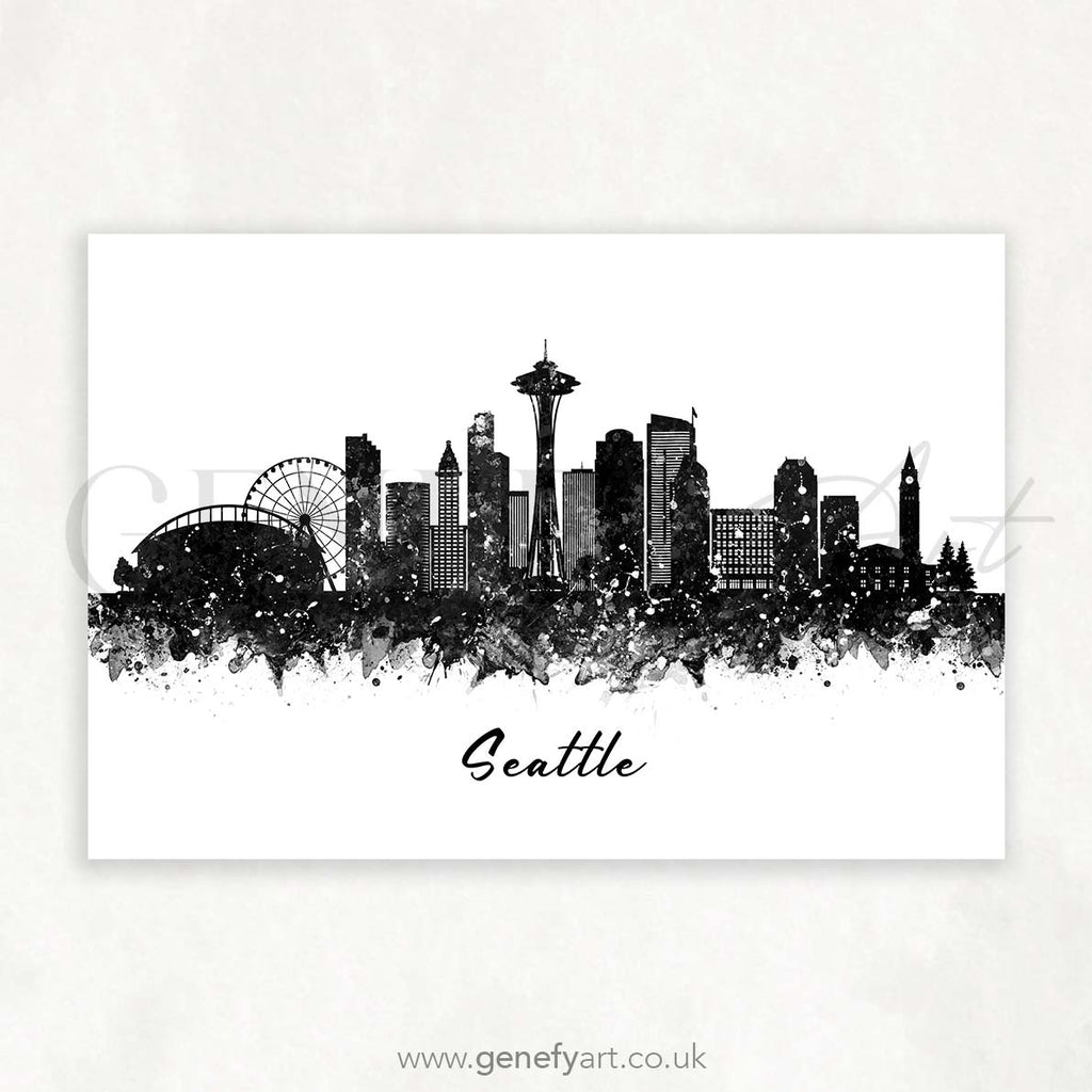 Seattle Skyline Black and White Watercolour Print - Genefy Art