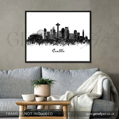 Seattle Skyline Black and White Watercolour Print - Genefy Art
