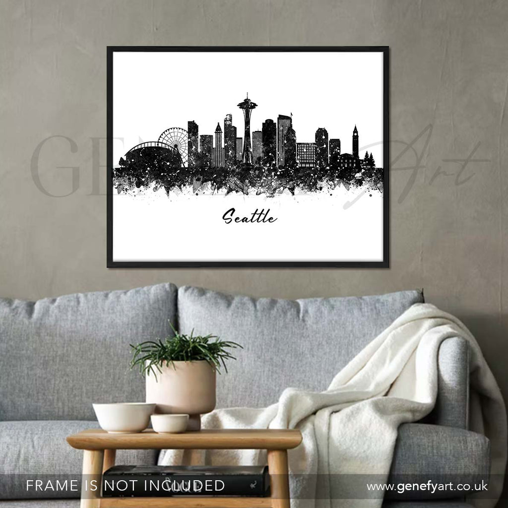 Seattle Skyline Black and White Watercolour Print - Genefy Art