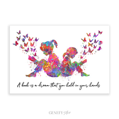 Sisters Reading Book Watercolour Art Print