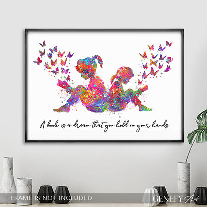 Sisters Reading Book Watercolour Art Print