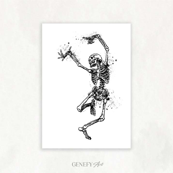 Skeleton Dancing Black and White Watercolour Art Print