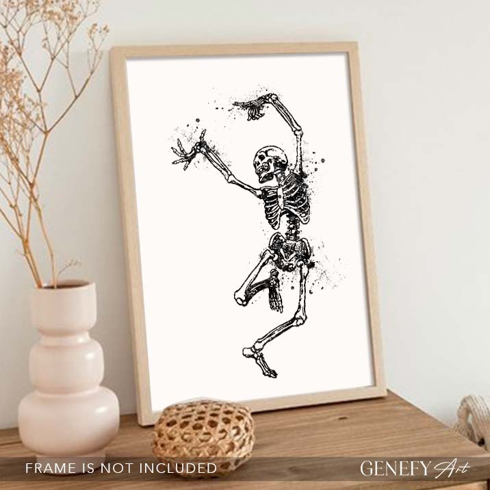 Skeleton Dancing Black and White Watercolour Art Print