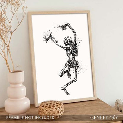 Skeleton Dancing Black and White Watercolour Art Print