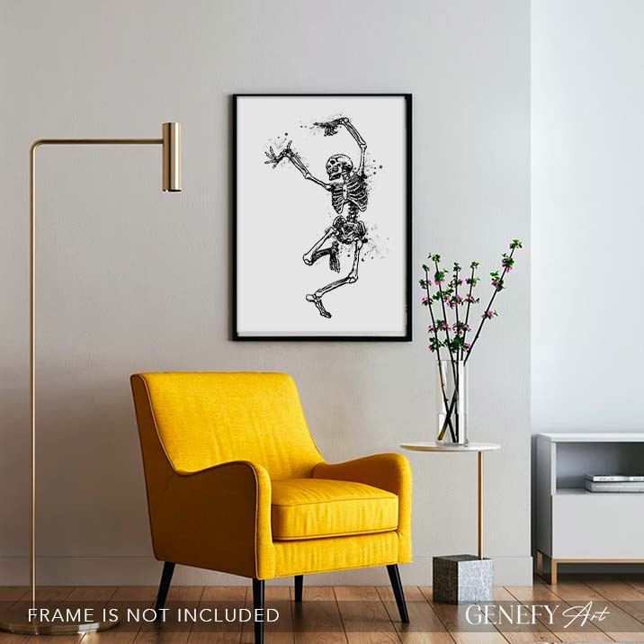 Skeleton Dancing Black and White Watercolour Art Print
