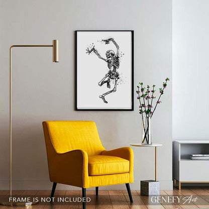 Skeleton Dancing Black and White Watercolour Art Print