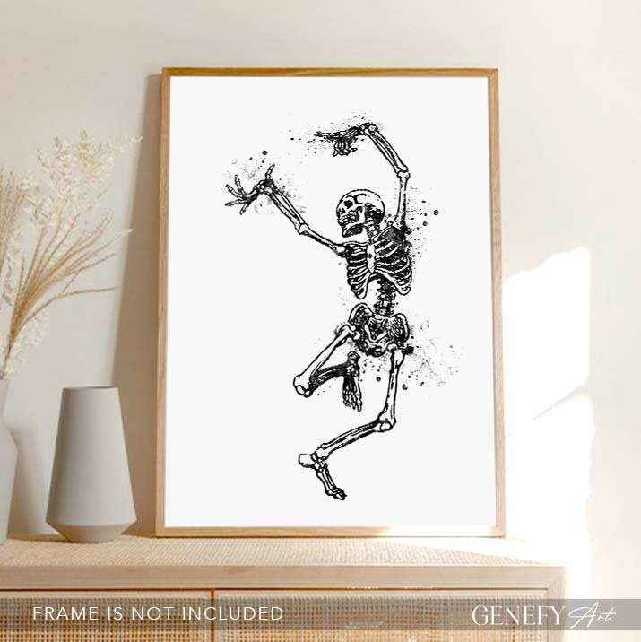 Skeleton Dancing Black and White Watercolour Art Print