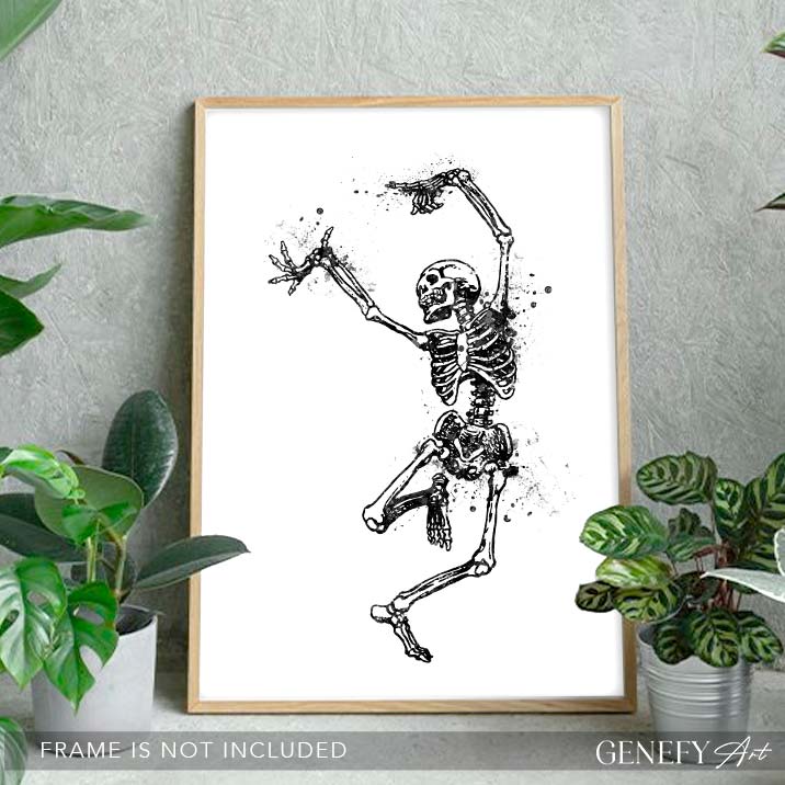 Skeleton Dancing Black and White Watercolour Art Print