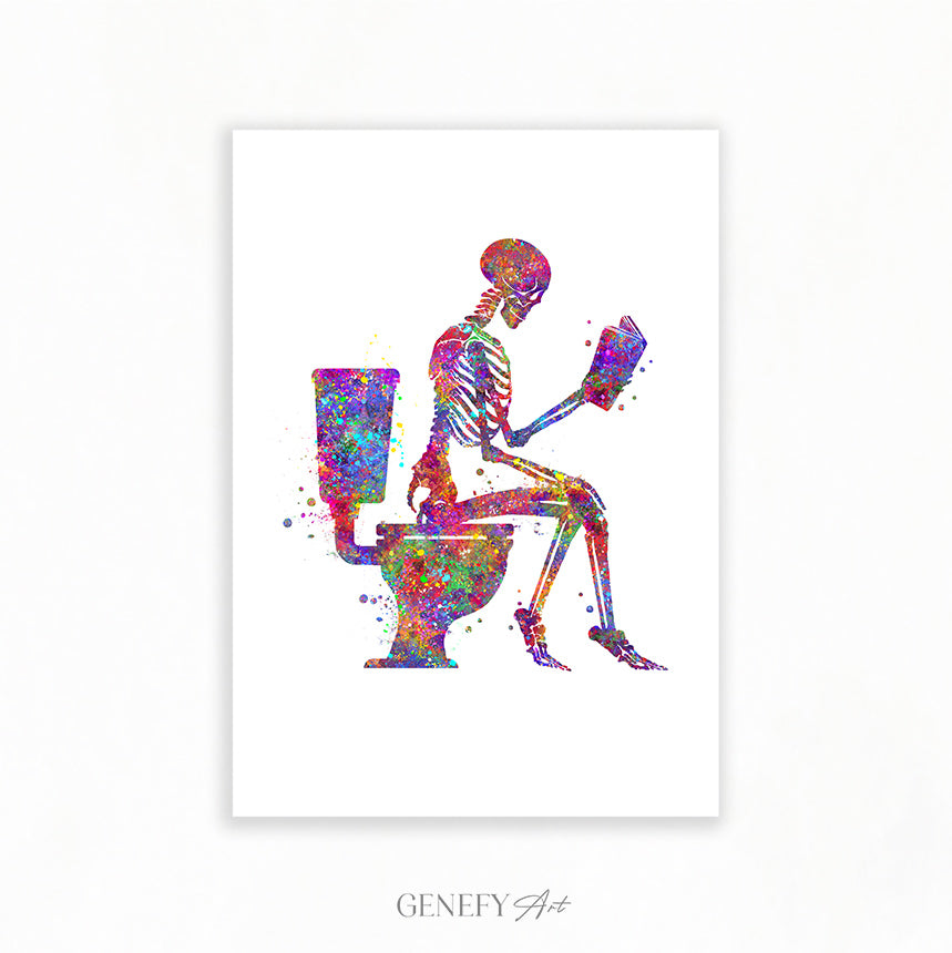 Skeleton Reading a Book Watercolour Art Print