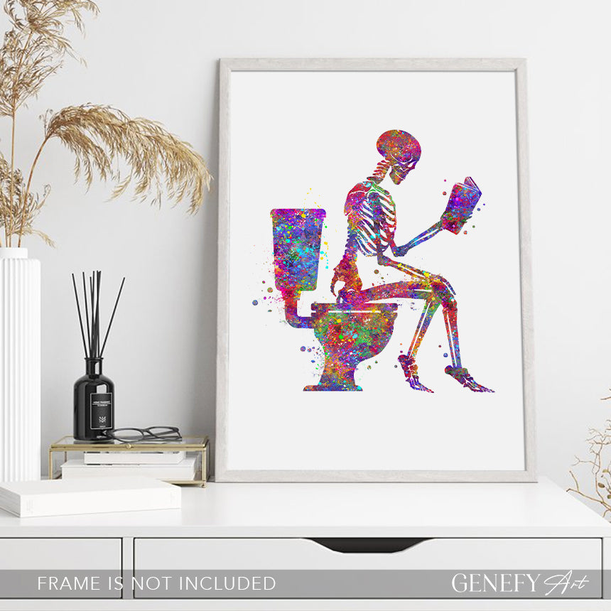 Skeleton Reading a Book Watercolour Art Print