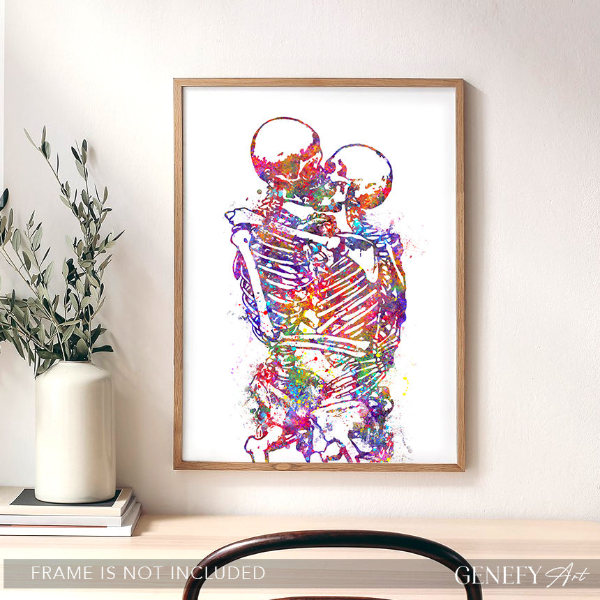 Skeleton Kissing Watercolour Art Print - Genefy Art