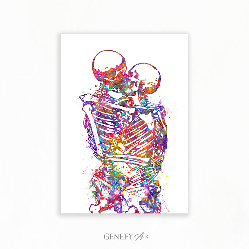 Skeleton Kissing Watercolour Art Print - Genefy Art