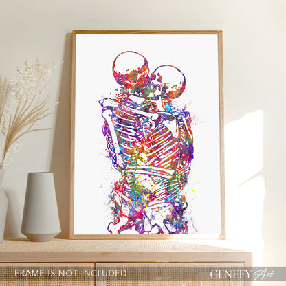 Skeleton Kissing Watercolour Art Print - Genefy Art