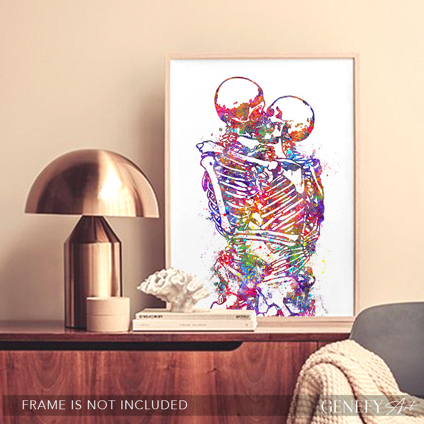 Skeleton Kissing Watercolour Art Print - Genefy Art