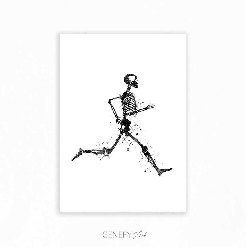 Skeleton Running Black and White Art Print