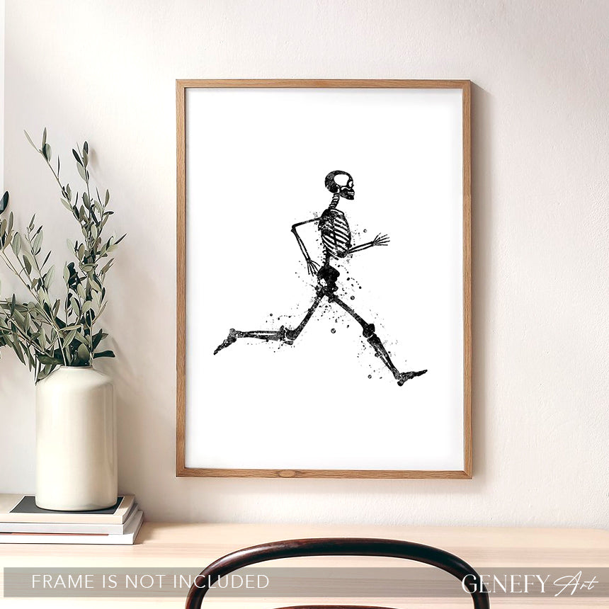 Skeleton Running Black and White Art Print
