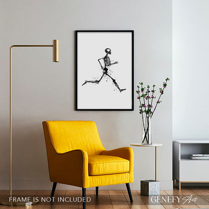 Skeleton Running Black and White Art Print