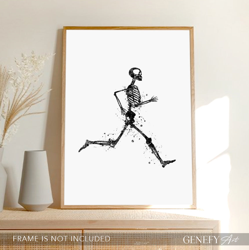 Skeleton Running Black and White Art Print