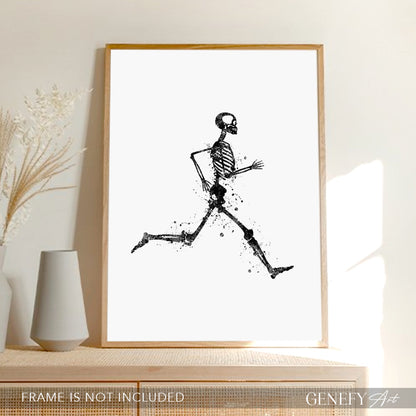Skeleton Running Black and White Art Print