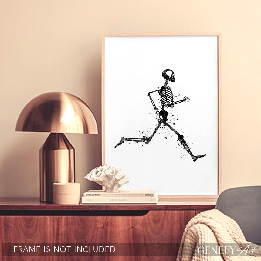 Skeleton Running Black and White Art Print
