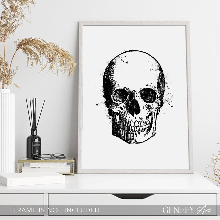 Skull Black and White Watercolour Art Print