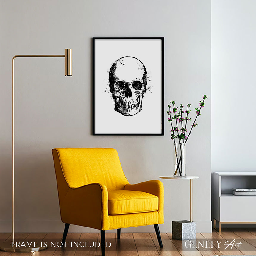 Skull Black and White Watercolour Art Print