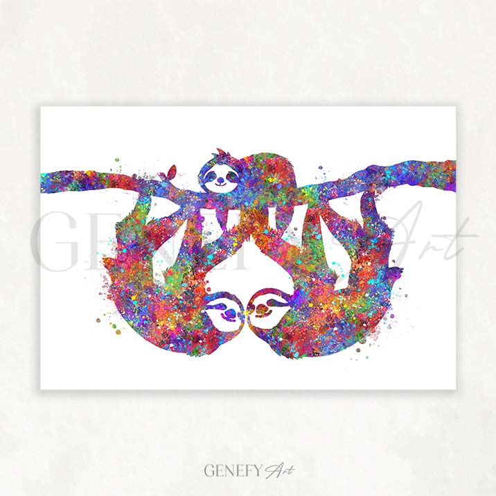 Sloth Family of 3 Watercolour Print