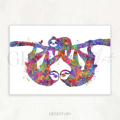 Sloth Family of 3 Watercolour Print
