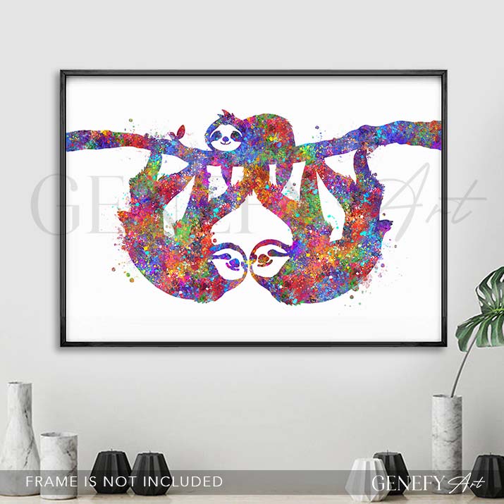 Sloth Family of 3 Watercolour Print