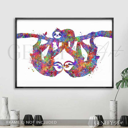 Sloth Family of 3 Watercolour Print